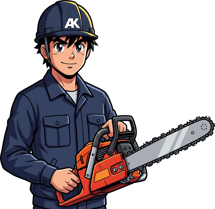 チェーンソーを持った外構本舗の職人キャラクター